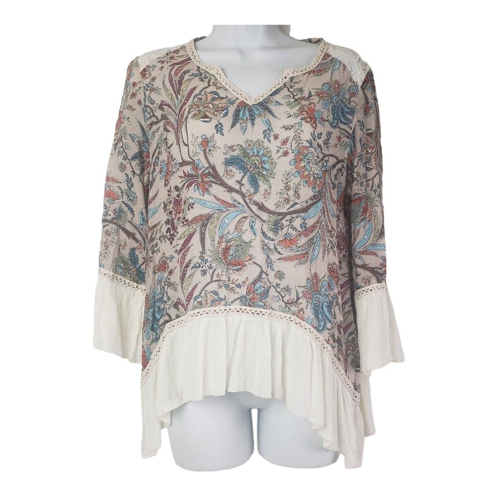 Lori and Mari Top Size M Floral Print V-Neck Blouse Aztec Boho Bell Sleeve